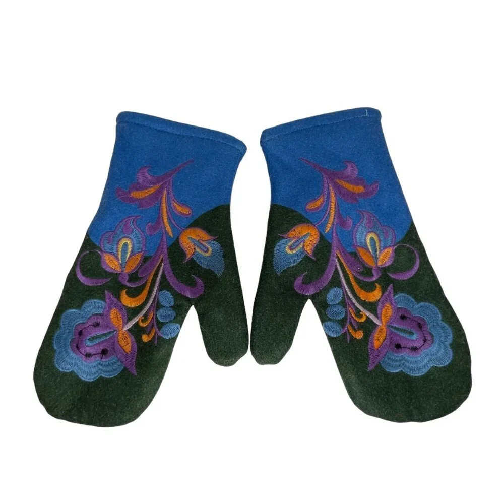 Embroidered Felted Floral Mittens Blue Green Very Annaesque - Picture 1 of 4